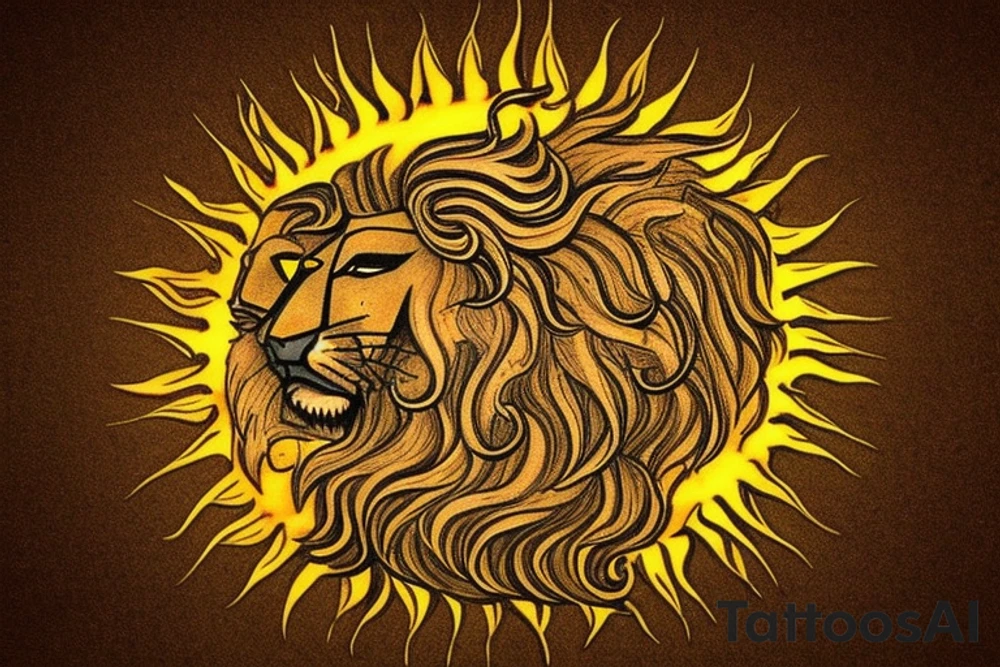 The Sun and the Lion with sword Tattoo from the ancient Persian symbols
Here is the background info needed:
The Sun and the Lion is an ancient Persian symbol comprised of two images: a lion wielding a sword (or as it is known in Persian: a shamshir) with a sun in the background.  This is one of the main emblems of Persia and was formerly an important element of the national flag up until the Iranian Revolution in 1979. The sun symbolizes the ruler of heaven, while the lion symbolizes the lineage of kings as well as royalty and divinity. It is a famous motif that has been used throughout history since the ancient times. tattoo idea