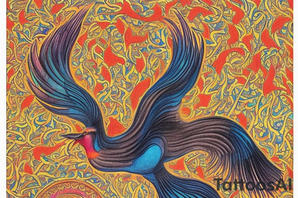 Huma: The Bird of Paradise

Background of the tattoo: 
Huma is a legendary mythical bird from the Iranian legends and fables which became a common motif in Diwan and Sufi poetry. There are many legends of the bird, but what is common to all is that the Huma never rests on the ground but circles high above the Earth its entire life. It is completely invisible and impossible to spot by human eyes. The bird looks for opportunities to bestow valuable gifts to those on Earth and in some legends, it’s said to have no legs which is why it never alights on the ground. The body of the Huma has the physical features of both female and male.

Huma is often referred to as a ‘bird of paradise’ in Ottoman poetry and symbolizes unreachable height. In the Persian language, ‘huma’ stands for ‘the fabulous bird’ and in Arabic, ‘hu’ means spirit and ‘mah’ means water. In ancient times, it was believed that if this legendary bird sat on someone’s head, it was a sign that the person would become a king.

Sometimes, the Huma is depicted like the Phoenix bird and is said to consume itself in fire after hundreds of years, rising from its own ashes. According to the Sufi tradition, catching the bird is completely impossible and beyond one’s wildest dreams but catching a glimpse or shadow of the Huma is said to bring you happiness for the rest of your life. While it is believed that Huma can’t be caught alive, anyone who actually kills the bird is doomed to die within 40 days. tattoo idea