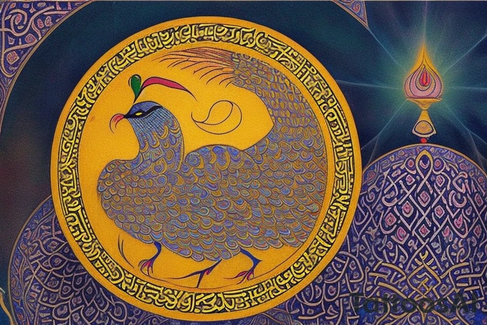 Tattoo of the ancient Persian symbol Huma.

Background of the tattoo: 
Huma is a legendary mythical bird from the Iranian legends and fables which became a common motif in Diwan and Sufi poetry. There are many legends of the bird, but what is common to all is that the Huma never rests on the ground but circles high above the Earth its entire life. It is completely invisible and impossible to spot by human eyes. The bird looks for opportunities to bestow valuable gifts to those on Earth and in some legends, it’s said to have no legs which is why it never alights on the ground. The body of the Huma has the physical features of both female and male.

Huma is often referred to as a ‘bird of paradise’ in Ottoman poetry and symbolizes unreachable height. In the Persian language, ‘huma’ stands for ‘the fabulous bird’ and in Arabic, ‘hu’ means spirit and ‘mah’ means water. In ancient times, it was believed that if this legendary bird sat on someone’s head, it was a sign that the person would become a king.

Sometimes, the Huma is depicted like the Phoenix bird and is said to consume itself in fire after hundreds of years, rising from its own ashes. According to the Sufi tradition, catching the bird is completely impossible and beyond one’s wildest dreams but catching a glimpse or shadow of the Huma is said to bring you happiness for the rest of your life. While it is believed that Huma can’t be caught alive, anyone who actually kills the bird is doomed to die within 40 days. tattoo idea
