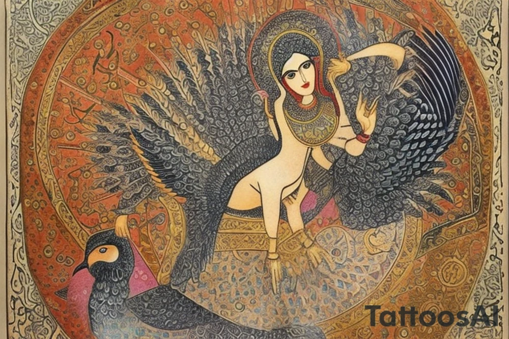 Tattoo of the ancient Persian symbol Huma.

Background of the tattoo: 
Huma is a legendary mythical bird from the Iranian legends and fables which became a common motif in Diwan and Sufi poetry. There are many legends of the bird, but what is common to all is that the Huma never rests on the ground but circles high above the Earth its entire life. It is completely invisible and impossible to spot by human eyes. The bird looks for opportunities to bestow valuable gifts to those on Earth and in some legends, it’s said to have no legs which is why it never alights on the ground. The body of the Huma has the physical features of both female and male.

Huma is often referred to as a ‘bird of paradise’ in Ottoman poetry and symbolizes unreachable height. In the Persian language, ‘huma’ stands for ‘the fabulous bird’ and in Arabic, ‘hu’ means spirit and ‘mah’ means water. In ancient times, it was believed that if this legendary bird sat on someone’s head, it was a sign that the person would become a king.

Sometimes, the Huma is depicted like the Phoenix bird and is said to consume itself in fire after hundreds of years, rising from its own ashes. According to the Sufi tradition, catching the bird is completely impossible and beyond one’s wildest dreams but catching a glimpse or shadow of the Huma is said to bring you happiness for the rest of your life. While it is believed that Huma can’t be caught alive, anyone who actually kills the bird is doomed to die within 40 days. tattoo idea