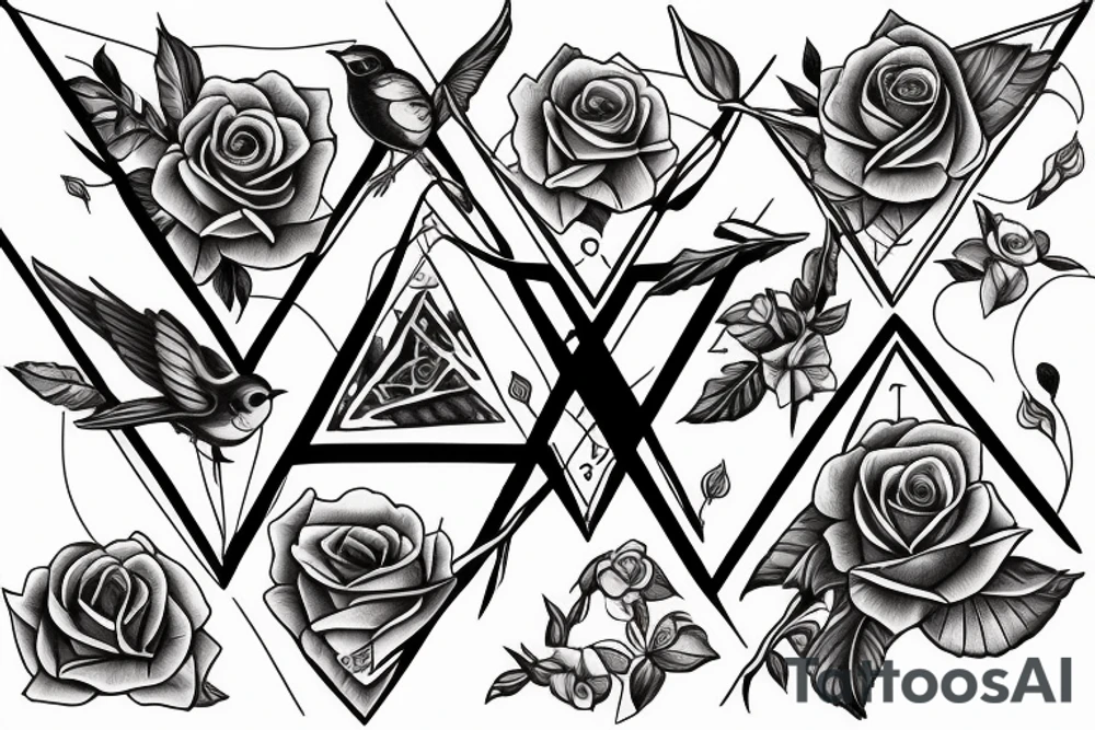 Robin landing on a triangle with roses wrapped around the triangle tattoo idea