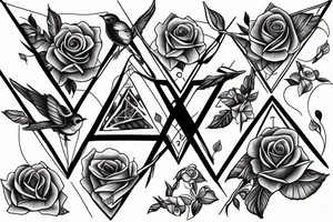 Robin landing on a triangle with roses wrapped around the triangle tattoo idea