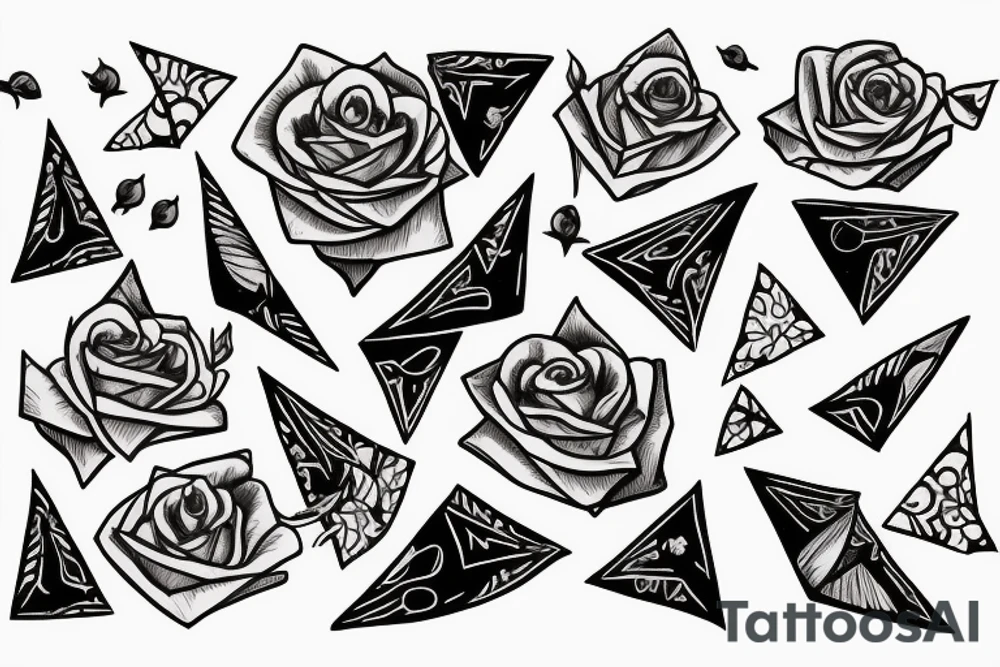 Robin landing on a triangle with roses wrapped around the triangle tattoo idea
