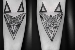 Robin landing on a triangle with roses wrapped around the triangle tattoo idea