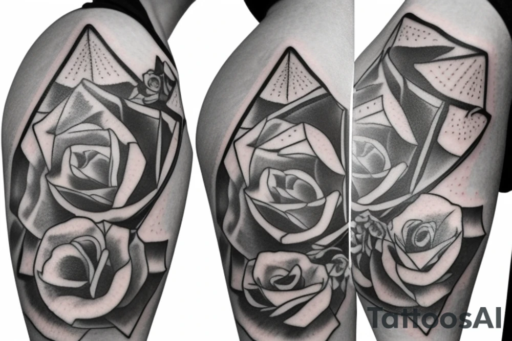 Robin landing on a triangle with roses wrapped around the triangle tattoo idea