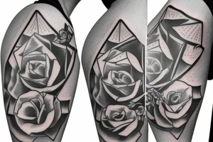Robin landing on a triangle with roses wrapped around the triangle tattoo idea