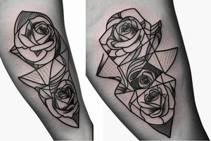 Robin landing on a triangle with roses wrapped around the triangle tattoo idea