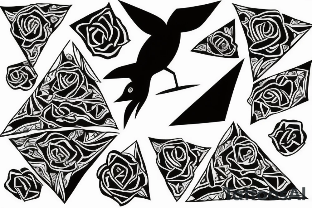 Robin landing on a triangle with roses wrapped around the triangle tattoo idea