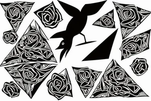 Robin landing on a triangle with roses wrapped around the triangle tattoo idea