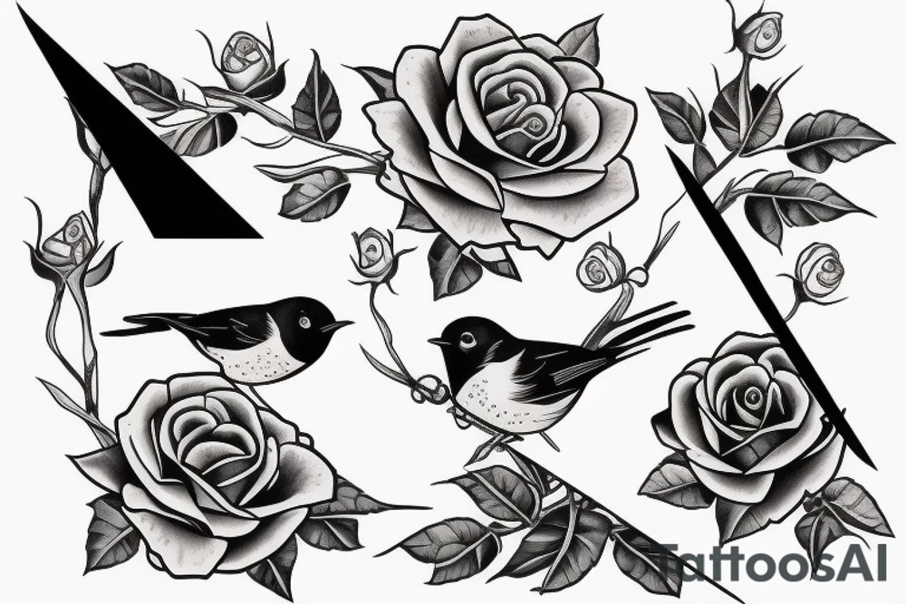 Robin landing on a triangle with roses tattoo idea
