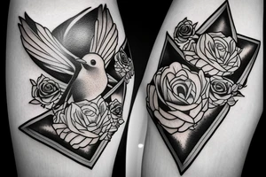 Robin landing on a triangle with roses tattoo idea