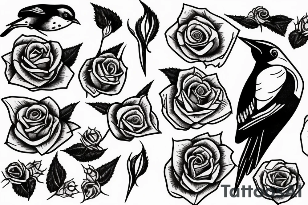 Robin landing on a triangle with roses tattoo idea