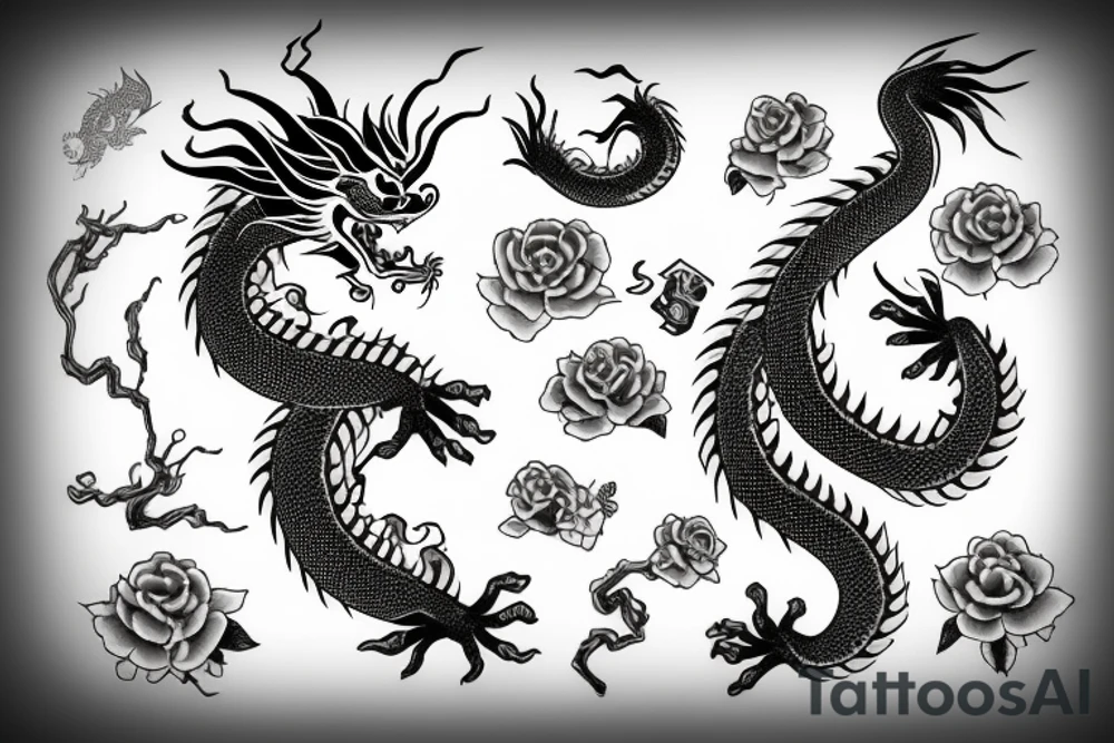 Chinese dragon with flowers tattoo idea