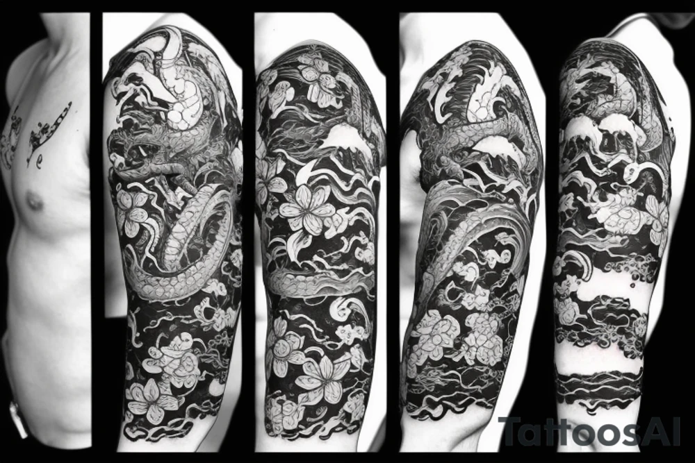 Dragon with flames and flowers tattoo idea