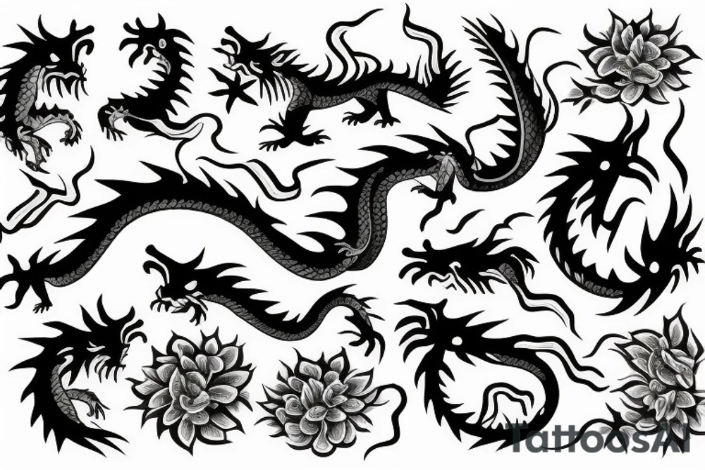 Dragon with flames and flowers tattoo idea