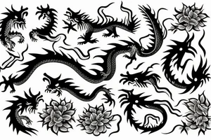 Dragon with flames and flowers tattoo idea