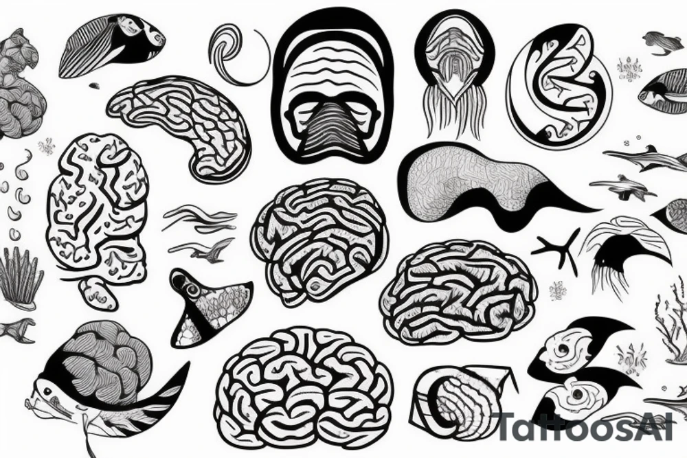 brain half covered by ocean waves. outline tattoo idea