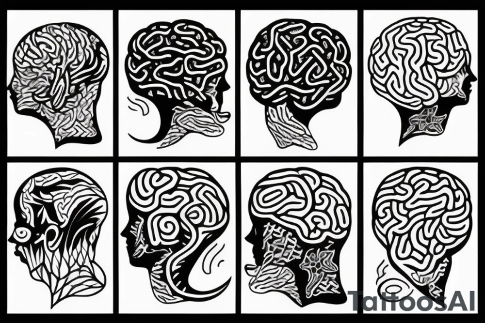 brain half covered by sea waves. outline tattoo idea