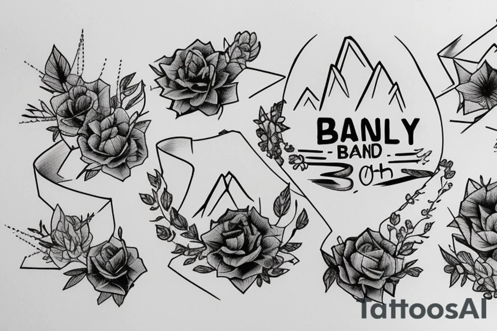 half sleave with bitrth month flowers febuary to December with a band and above the band an open books with mountains coming out tattoo idea