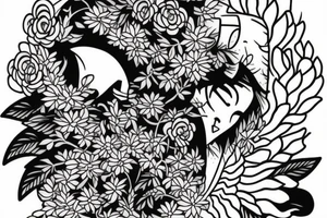 half sleeve with birth month flowers February to December with a band and above the band open books with mountains coming out tattoo idea