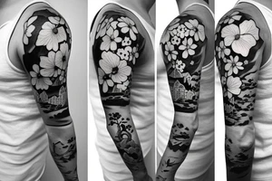 half sleeve with birth month flowers February to December with a band and above the band open books with mountains coming out tattoo idea