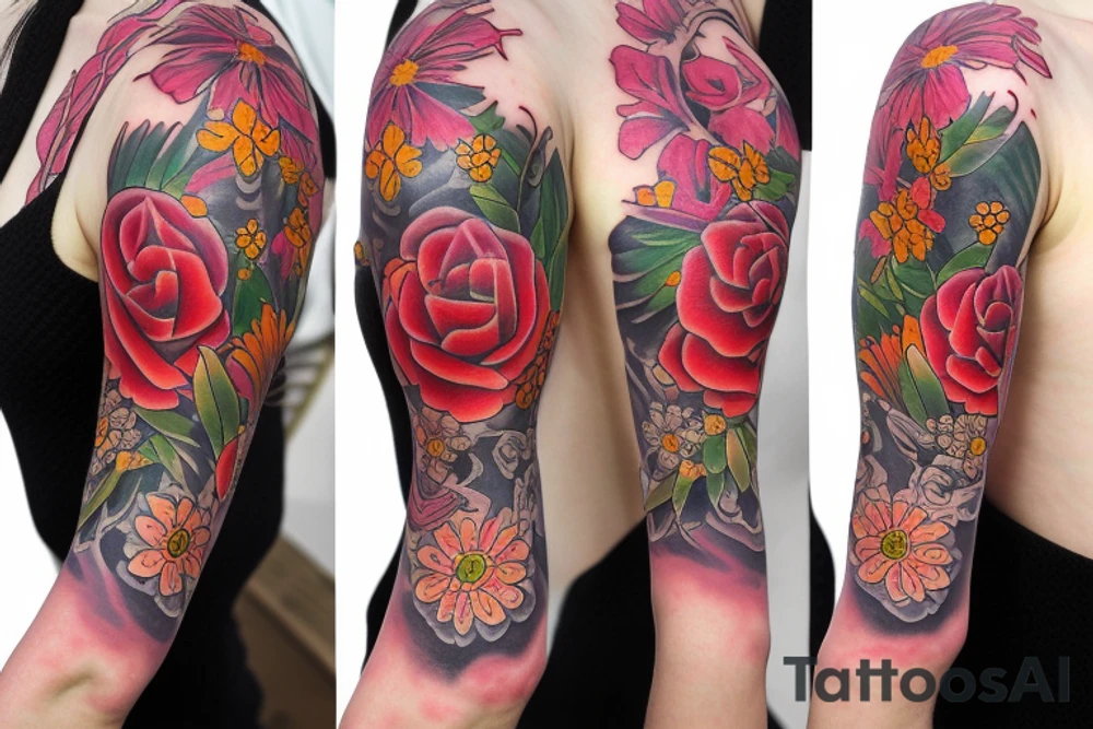 half sleeve with flower bouquet tattoo idea