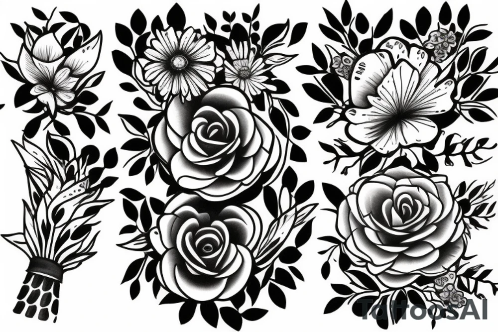 half sleeve with flower bouquet tattoo idea
