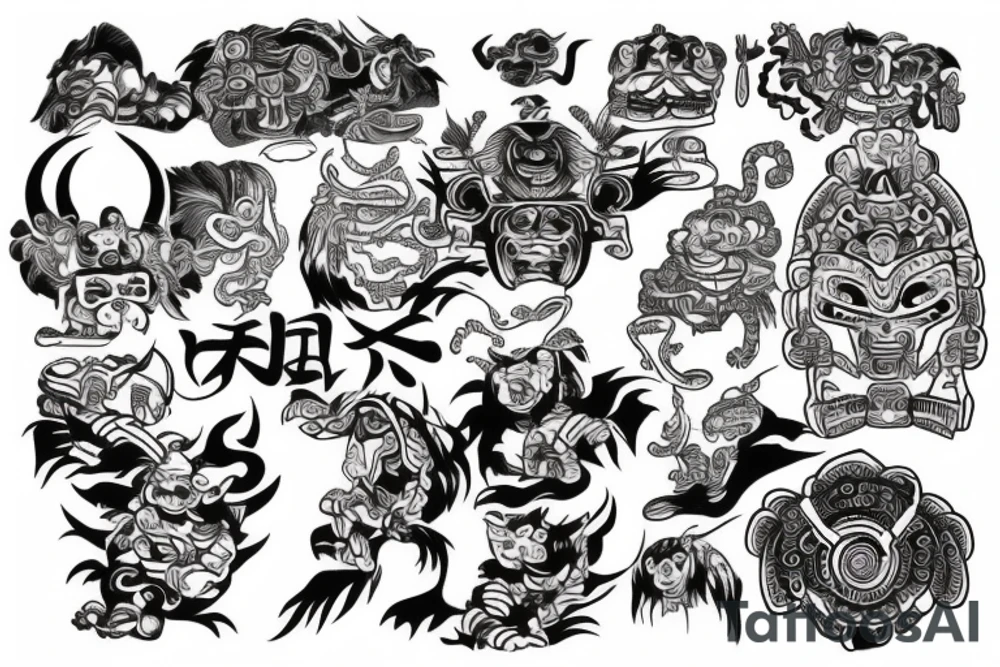 Mayan tattoos with Japanese art done in a disney style font tattoo idea