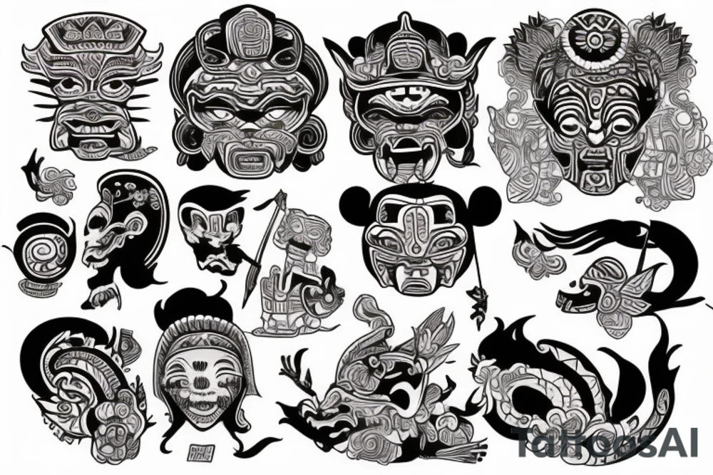 Mayan tattoos with Japanese art done in a disney style font tattoo idea