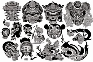 Mayan tattoos with Japanese art done in a disney style font tattoo idea