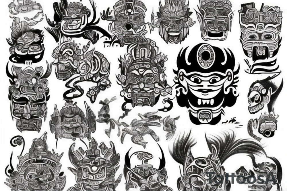 Mayan tattoos with Japanese art done in a disney style font tattoo idea