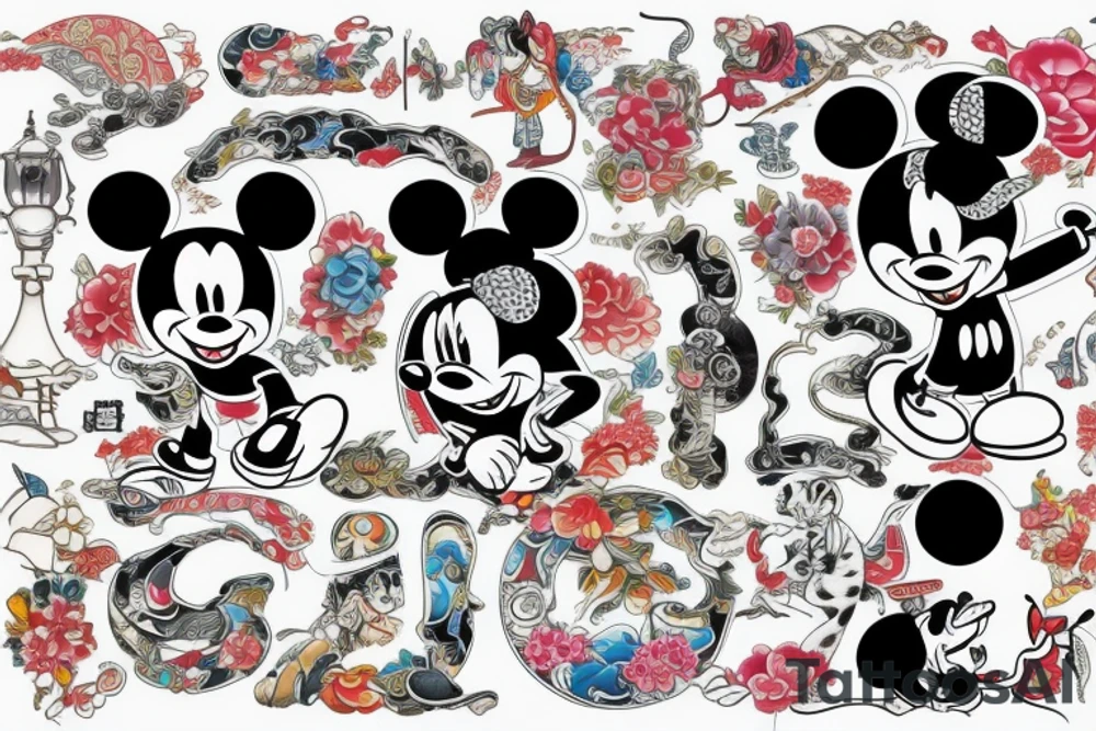 Disney font with Japanese art with color tattoo idea