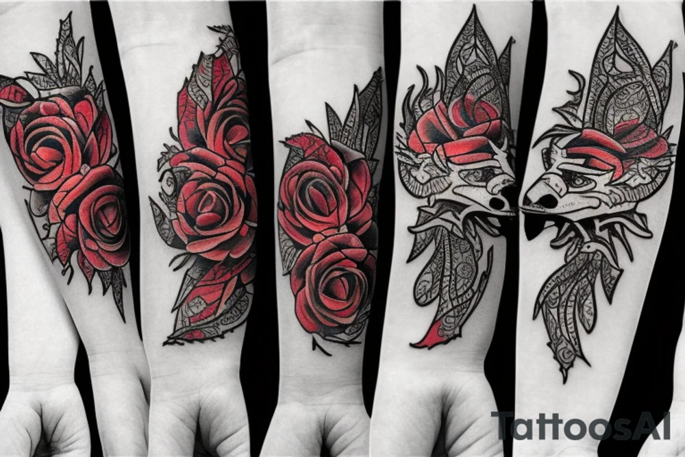 Wolf Tribal Intricate Regal Thorns Roses Beautiful Vivid Rough Rustic Elaborate tattoo idea