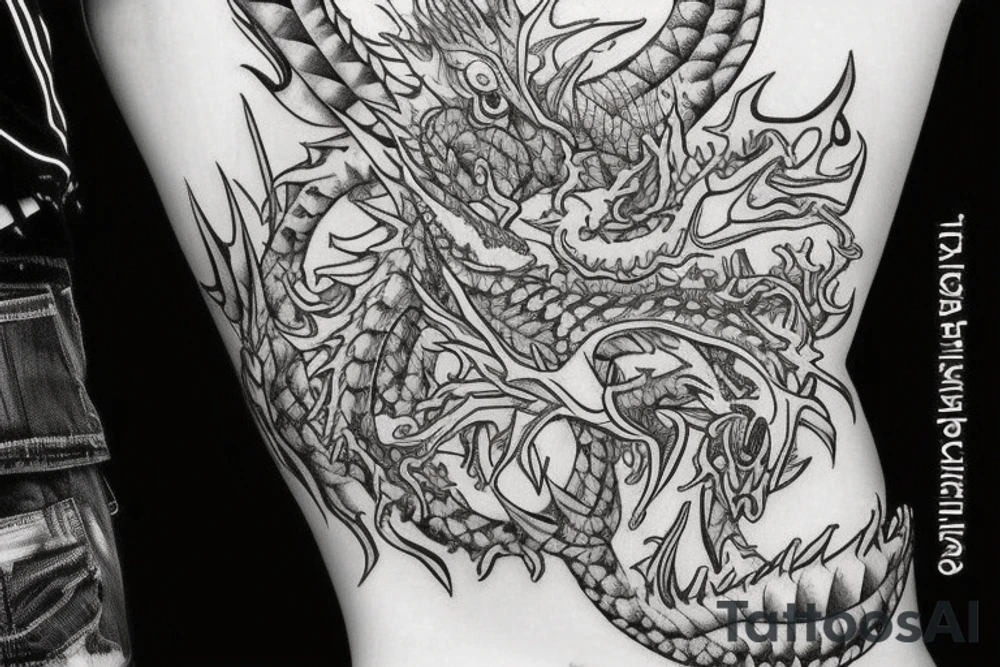 Dragon Tribal Intricate Regal Thorns Beautiful Vivid Rough Rustic Elaborate Stoic Badass tattoo idea
