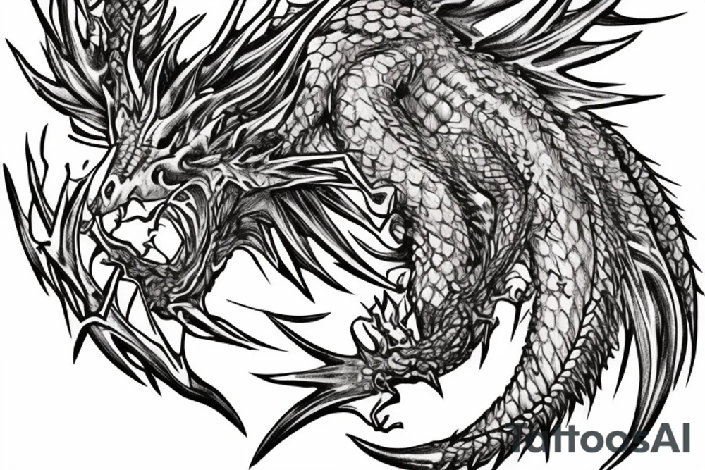 Dragon Intricate Regal Thorns Beautiful Vivid Rough Rustic Elaborate Stoic Badass tattoo idea