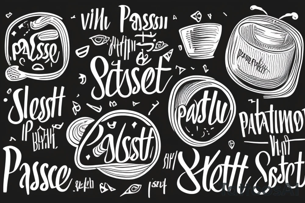 Bowl of spaghetti steaming woth the quote '"pascettii" - Casey' written underneath tattoo idea