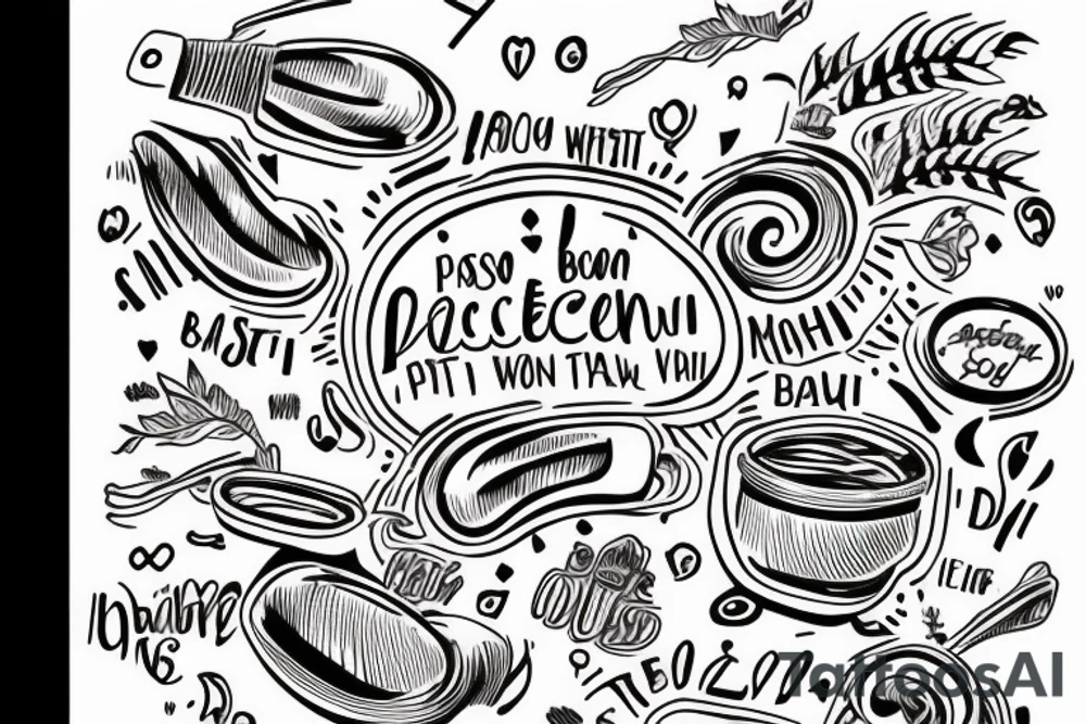 Bowl of spaghetti steaming woth the quote '"pascettii" - Casey' written underneath tattoo idea