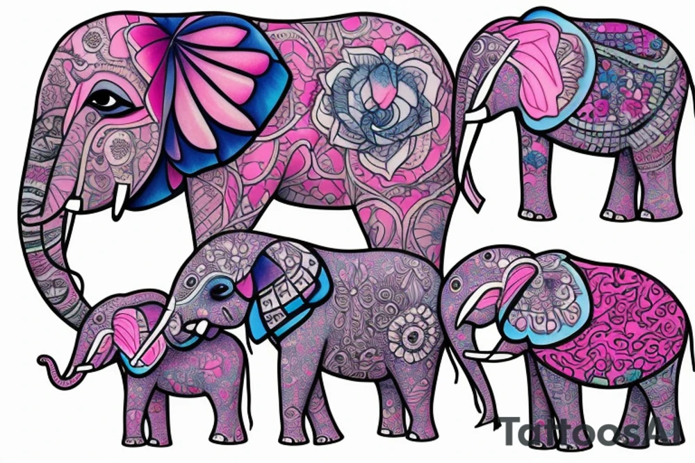 Large elephant with peircing blue eyes surrounded by 5 baby elephants sat around her, surrounded by very light pink orchids tattoo idea