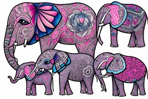 Large elephant with peircing blue eyes surrounded by 5 baby elephants sat around her, surrounded by very light pink orchids tattoo idea