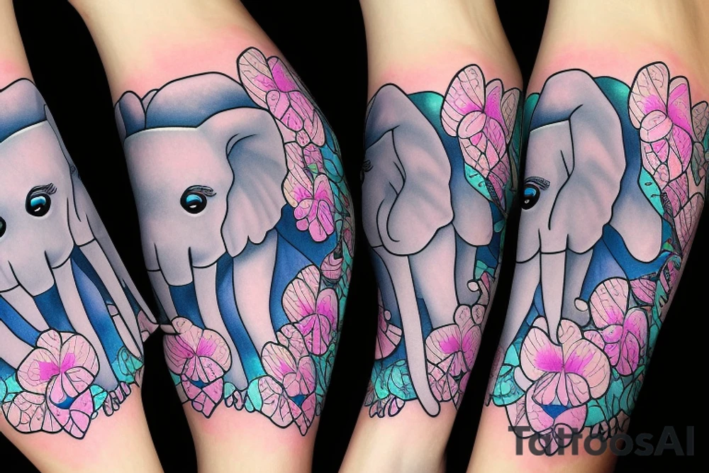 Large elephant with peircing blue eyes surrounded by 5 baby elephants sat around her, surrounded by very light pink orchids tattoo idea