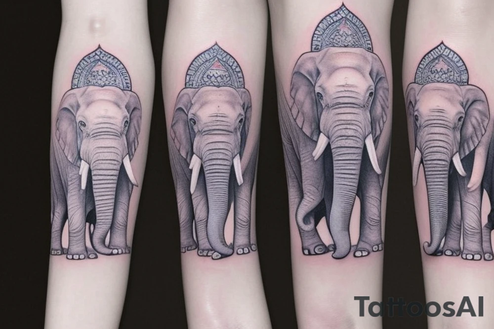 Mummy elephant with five baby elephants sat down around her body fairly close toghether. The mother elephant has bright blue eyes. The baby elephants have a duller blue colour eyes. The whole image is surrounded by very pale pink orchids and placed on the front of a left thigh tattoo idea