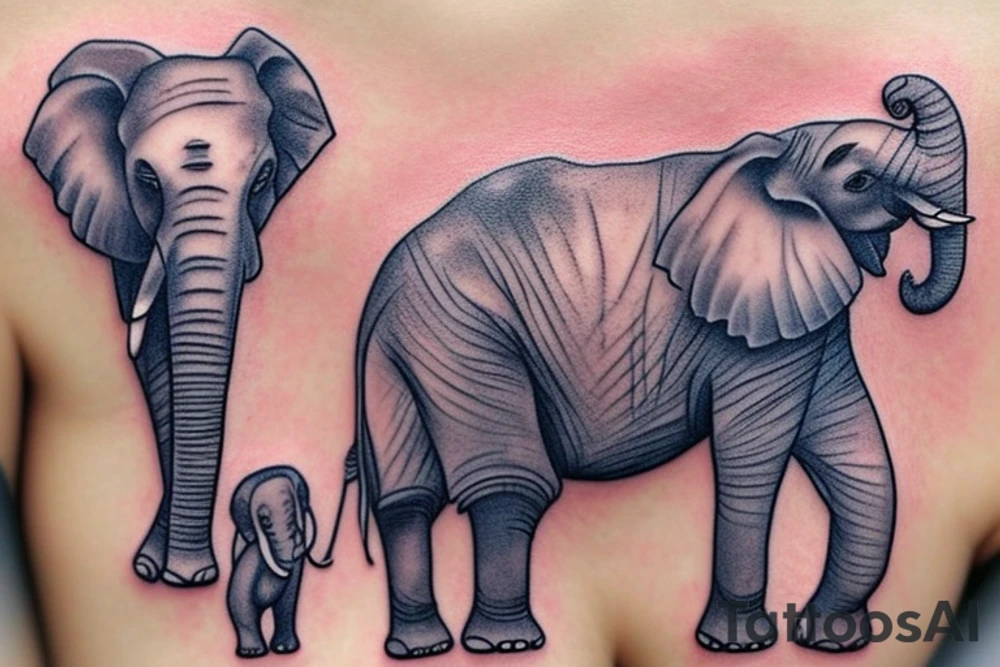 Mummy elephant with five baby elephants sat down around her body fairly close toghether. The mother elephant has bright blue eyes. The baby elephants have a duller blue colour eyes. The whole image is surrounded by very pale pink orchids and placed on the front of a left thigh tattoo idea