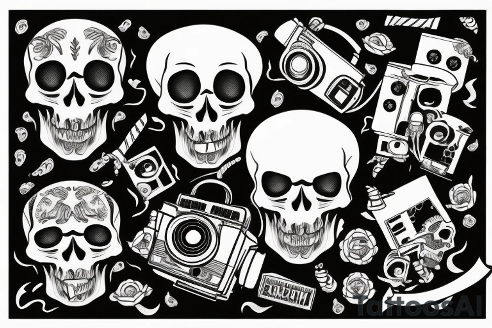 Skull with a cinema camera in its mouth tattoo idea
