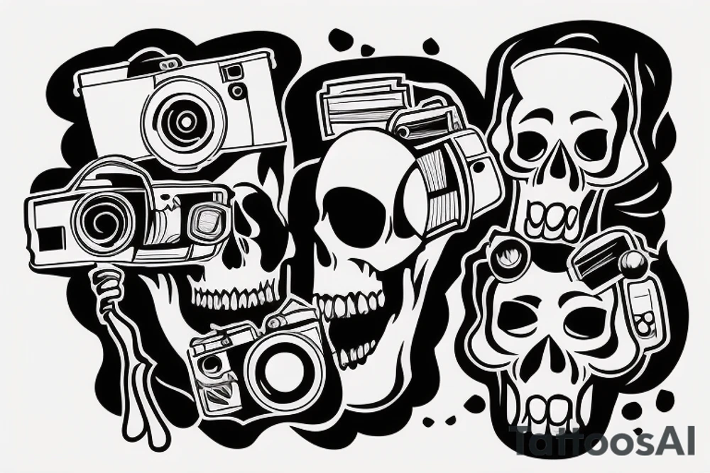 Skull with a cinema camera in its mouth tattoo idea