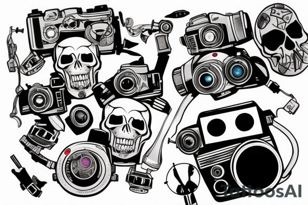 Skull with a cinema camera in its mouth tattoo idea