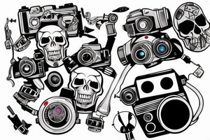 Skull with a cinema camera in its mouth tattoo idea