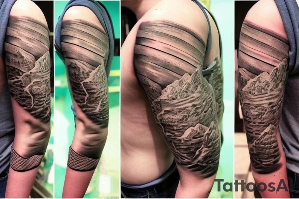 Create a unique sleeve tattoo design that reflects my diverse interests and experiences. Incorporate elements of my Spanish heritage and South African residence, along with my love for mountains and ocean animals from scuba diving. Include symbols of travel and meeting new people, as well as the importance of trust and loyalty in my relationships. The tattoo should also represent my personal growth and commitment to being a better person, despite past hurts and mistakes tattoo idea