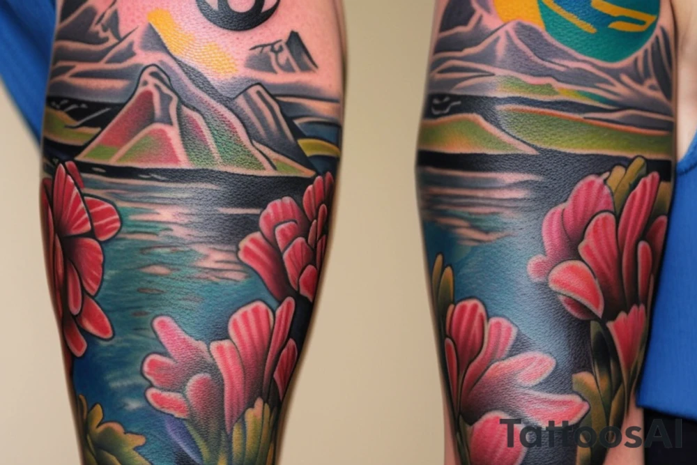Create a unique sleeve tattoo design that reflects my diverse interests and experiences. Incorporate elements of my Spanish heritage and South African residence, along with my love for mountains and ocean animals from scuba diving. Include symbols of travel and meeting new people, as well as the importance of trust and loyalty in my relationships. The tattoo should also represent my personal growth and commitment to being a better person, despite past hurts and mistakes tattoo idea
