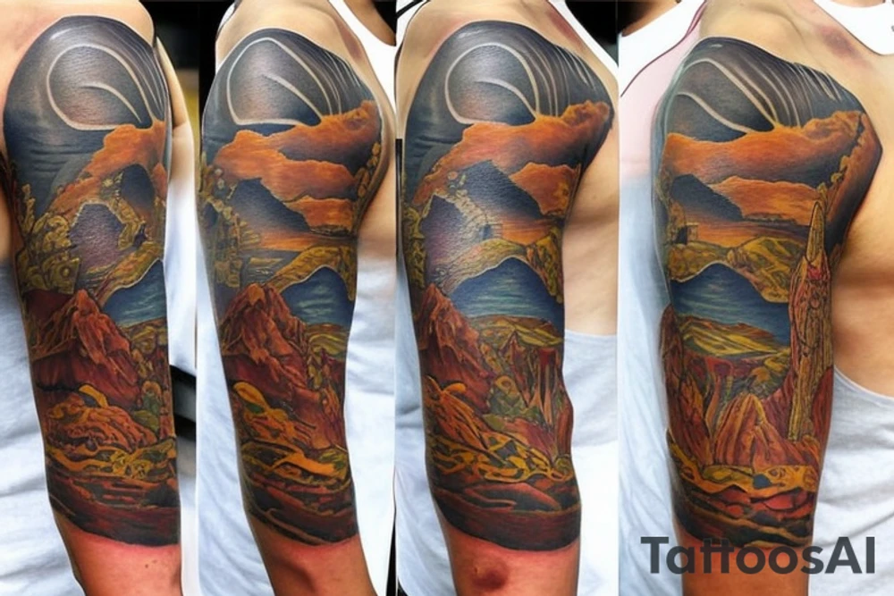 Create a unique sleeve tattoo design that reflects my diverse interests and experiences. Incorporate elements of my Spanish heritage and South African residence, along with my love for mountains and ocean animals from scuba diving. Include symbols of travel and meeting new people, as well as the importance of trust and loyalty in my relationships. The tattoo should also represent my personal growth and commitment to being a better person, despite past hurts and mistakes tattoo idea