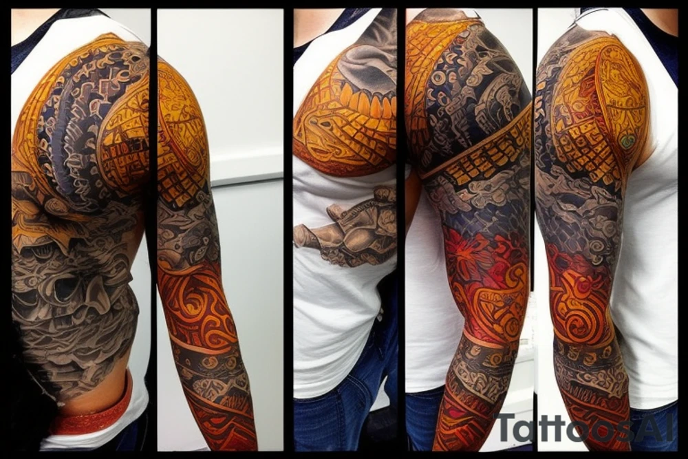 Create a unique sleeve tattoo design that reflects my diverse interests and experiences. Incorporate elements of my Spanish heritage and South African residence, along with my love for mountains and ocean animals from scuba diving. Include symbols of travel and meeting new people, as well as the importance of trust and loyalty in my relationships. The tattoo should also represent my personal growth and commitment to being a better person, despite past hurts and mistakes tattoo idea